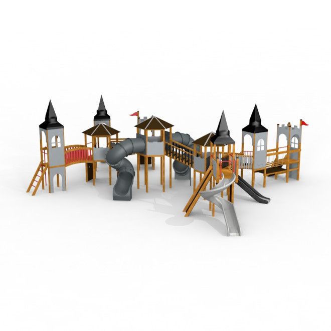 Zitadelle Spielplatz mit Spieltürme und Spiralrutschen aus Holz und Metall auf weißem Hintergrund