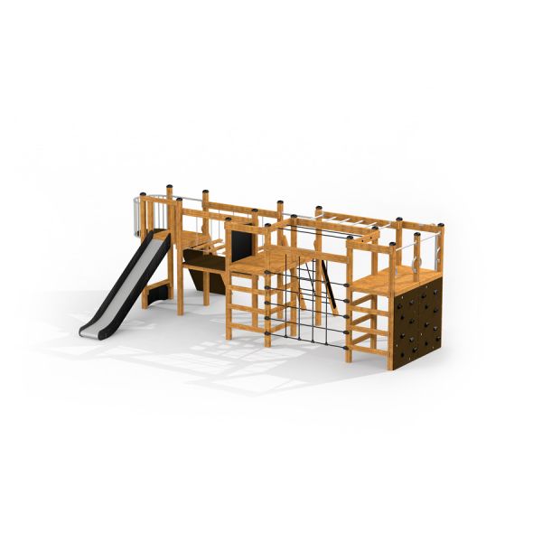 Holz-Spielgerät mit Rutsche, Kletterwand und Hängebrücke für Kinder.