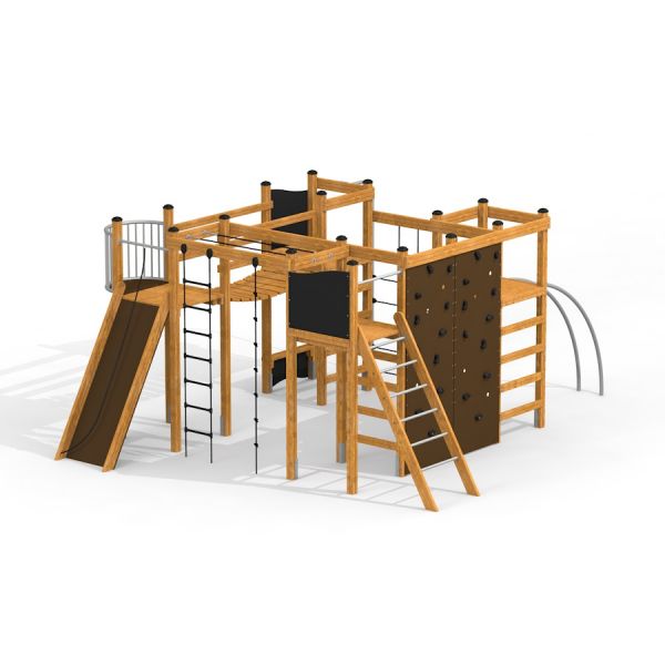 Axel Kletteranlage mit Rutsche, Kletterwand und Leitern aus Holz.