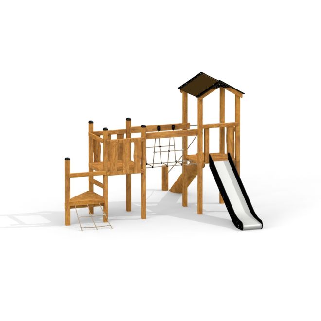 Holzspielplatz Triangle Spielturm mit Rutsche mit Klettergerüst, Rutsche und Spielturm.