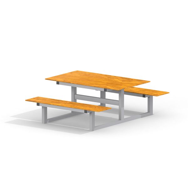Kinderpicknicktisch aus HPL mit Bank und Tisch in Holzoptik und grauem Gestell.