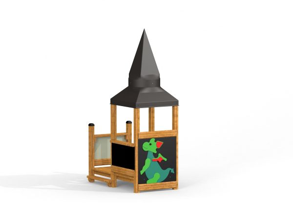 Holz-Spielturm mit Drachen-Motiv und Spitzdach für Kinder.