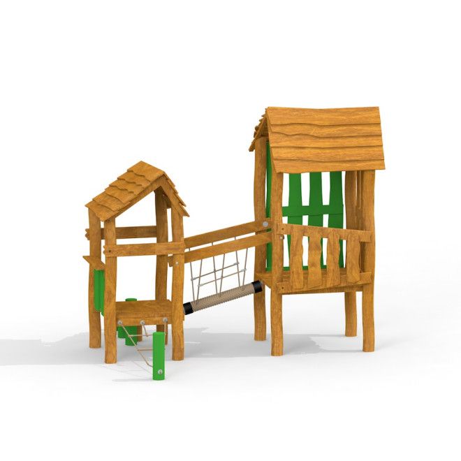 Omas Spielhaus aus Holz mit zwei verbundenen Türmen und Kletterelementen für den Kinderspielplatz.