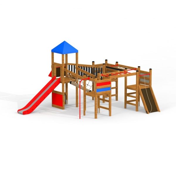 Herausforderung II Spielanlage mit Spielturm, Rutsche und Kletternetzen in leuchtenden Farben