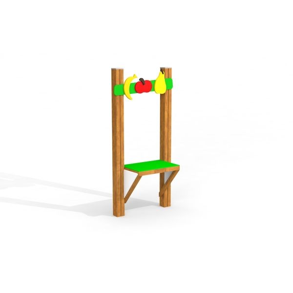 Kinder-Spielwand Kramladen Spielwand mit bunten Fruchtmotiven und grüner Sitzfläche.