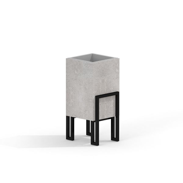 Moderner Thor Abfallkorb aus Beton mit schwarzen Metallbeinen.