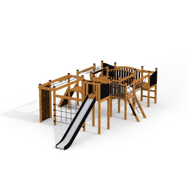Holzspielgerüst Piraten Basis II mit Rutsche und Kletterelementen für Kinder.