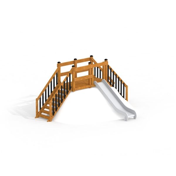 Kinder-Spielplatzgerät Brücke mit Rutsche aus Holz und Metall.