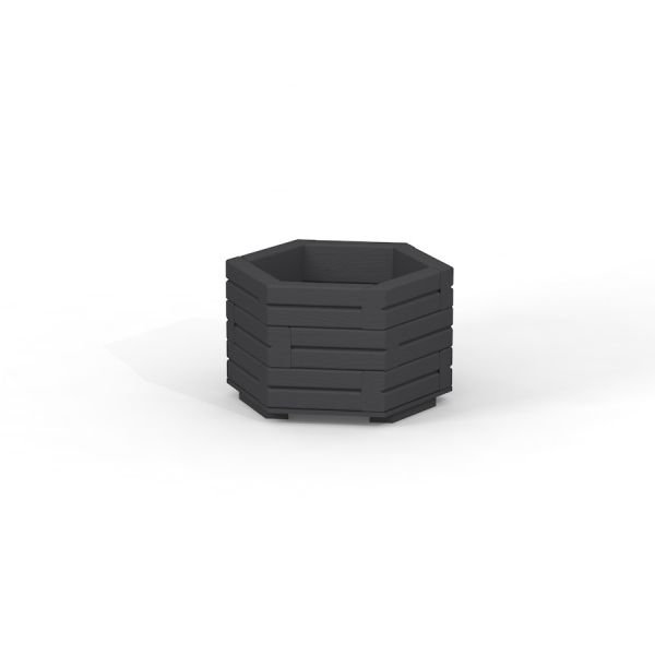 Hexagonaler Holzblumentopf III in Schwarz auf weißem Hintergrund