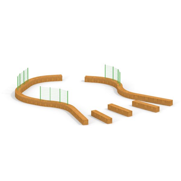 Modulare Multiarena aus Holz mit geschwungenen Wegen und grünen Sicherheitszäunen.