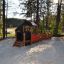 Kinder-Spielhaus in Form einer Lokomotive mit Waggon im Wald auf Sandboden.