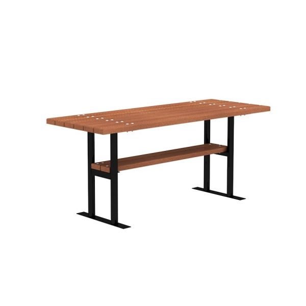 Bordeaux Tisch aus Holz mit schwarzen Metallbeinen.