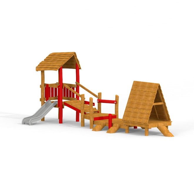 Lasses Spielhaus mit Rutsche aus Holz und rotem Geländer für den Spielplatz.