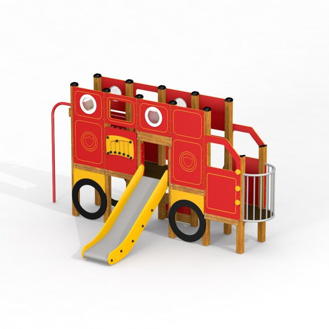 Grosser Truck Spielhaus mit Rutsche aus Holz und roten Elementen für den Spielplatz.