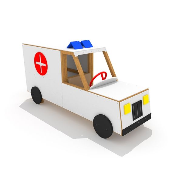 Holzspielzeug Krankenwagen für Kinder mit rotem Kreuz und Blaulicht.