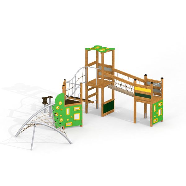 Vilcabamba Spieltürm – Klettergerüst mit Rutsche, Brücke und Kletternetz in Grün und Gelb.