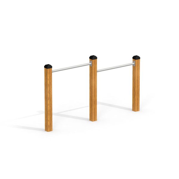 Doppel Reck aus Holz und Metall für sportliche Aktivitäten im Freien.