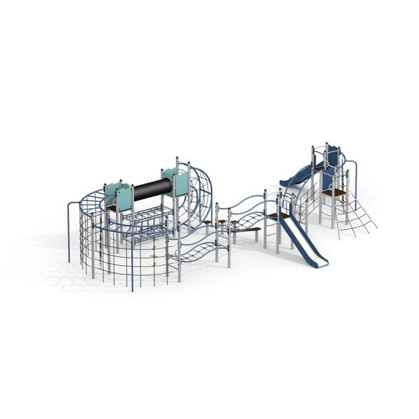 Kinderspielplatz mit Rutsche, Tunnel und Klettergerüst aus Metall.