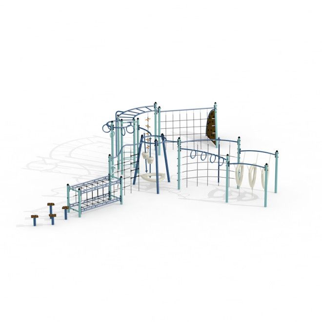 Polaris Klettergerüst mit verschiedenen Kletterelementen und Balancierstationen für den Spielplatz.