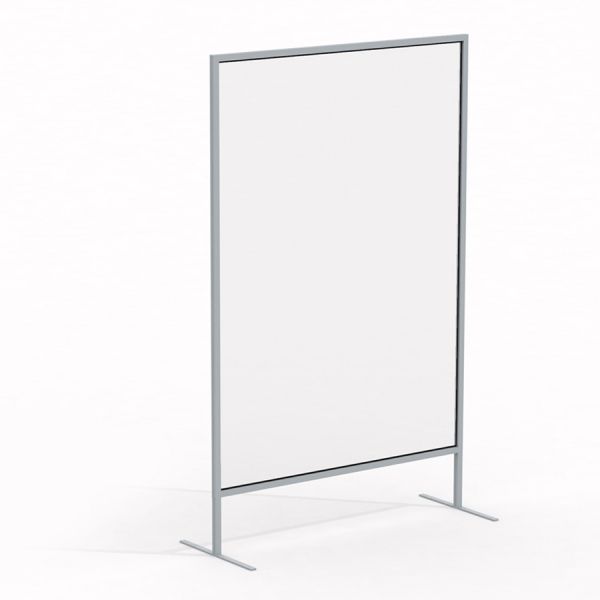 Glaswand Vorhang 100 x 140 cm, stehend mit durchsichtigem Glas und einem schlanken Metallrahmen.