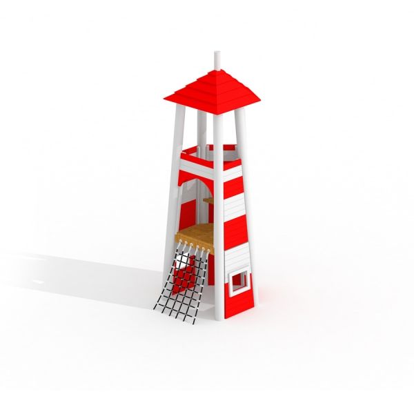 Leuchtturm Spielturm mit rotem Dach, Klettergerüst und Rutsche für Kinder.