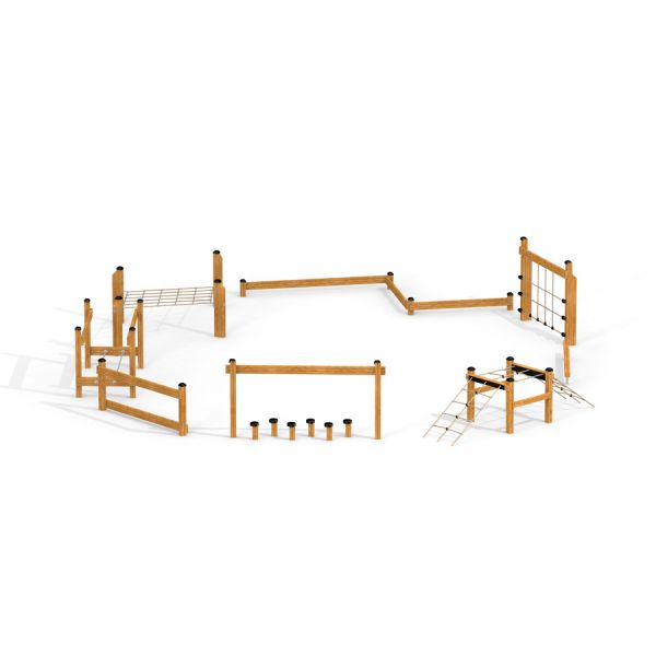 Modularer Spielplatz Trimm-dich-Pfad aus Holz mit verschiedenen Stationen für Gleichgewicht und Kraf