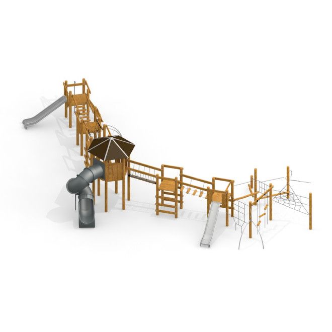 Khumbu Spielanlage mit Spielturm und Rutschen aus Holz mit Kletterelementen und Netzbrücken.