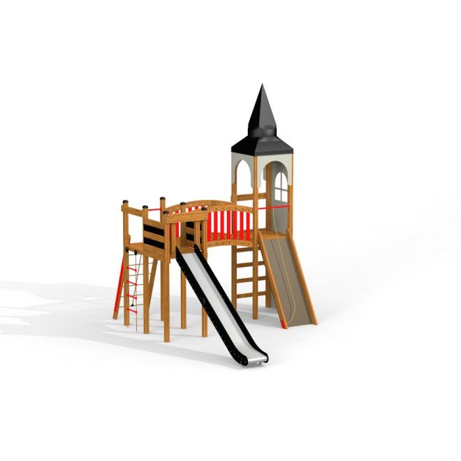 Klettergerüst Alcazar Spielturm mit Rutsche aus Holz mit zwei Rutschen und Kletterleitern.
