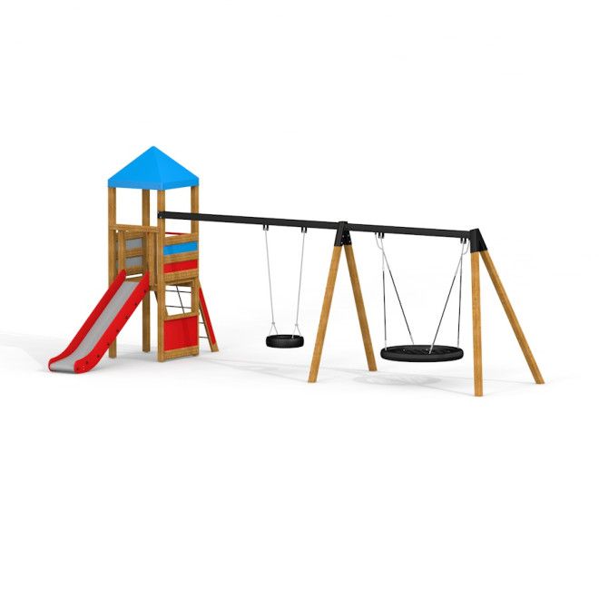 Logo Spielturm mit Vogelnestschaukel (BNS 120 cm) aus Holz mit Rutsche und zwei verschiedenen Schauk