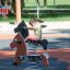 Kind auf Pony Federwippe auf einem Spielplatz im Freien