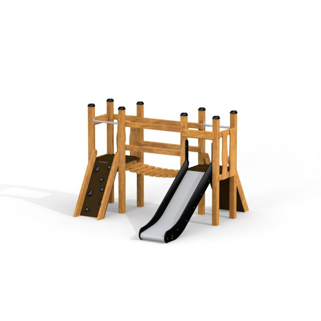 Knirps II Spielturm mit Rutsche, Kletterwand und Holzleiter in natürlicher Optik.