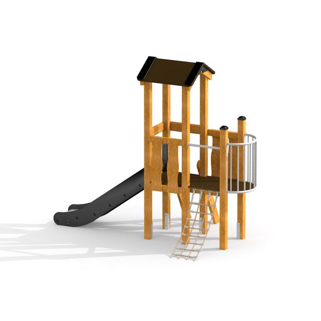 Pixie Spielturm mit schwarzer Rutsche und Kletterseil aus Holz.