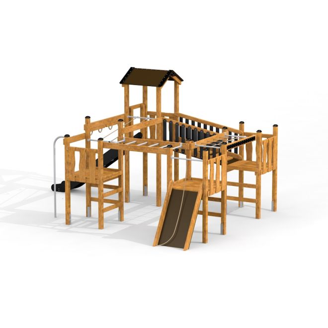 Herauforderung Spielturm mit Rutsche und Klettergerüst aus Holz für Kinder.