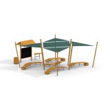 Outdoor Klassenraum Mit Holzbänken, Sonnenschutz Tafel und Pflanzkübeln