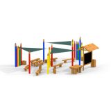 Outdoor Klassenraum Robinie mit Holzbänken, Sonnenschutz Tafel und Pflanzkübeln