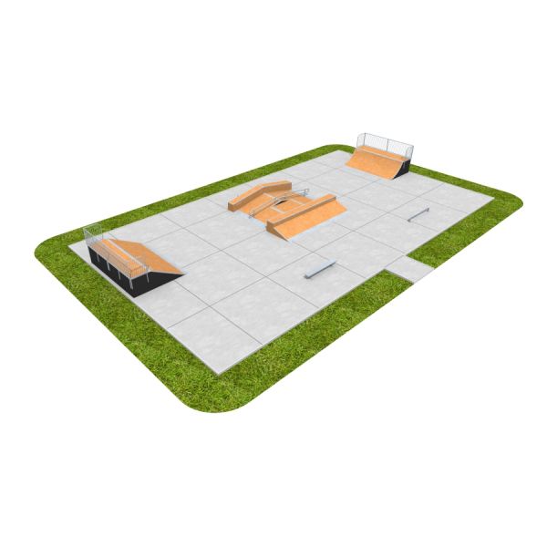 Moderner Skatepark mit Rampen und Hindernissen auf künstlichem Rasen.