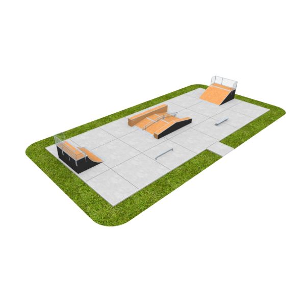 Moderner Skatepark Skate Park 10 mit Rampen und Hindernissen auf künstlichem Gras.