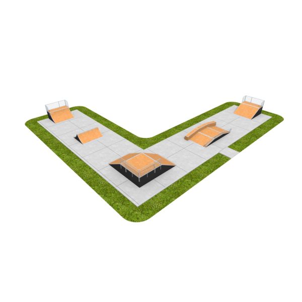 Moderner Skatepark Skate Park 11 mit Rampen und Hindernissen für Skateboarding und BMX.