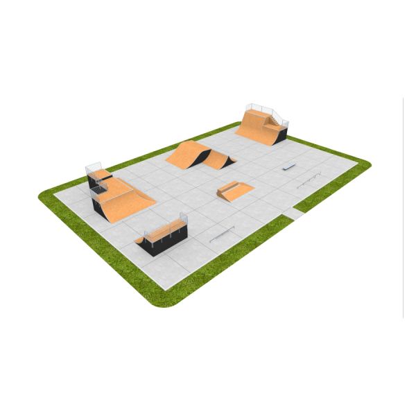 Moderner Skatepark Skate Park 13 mit verschiedenen Rampen und Hindernissen.