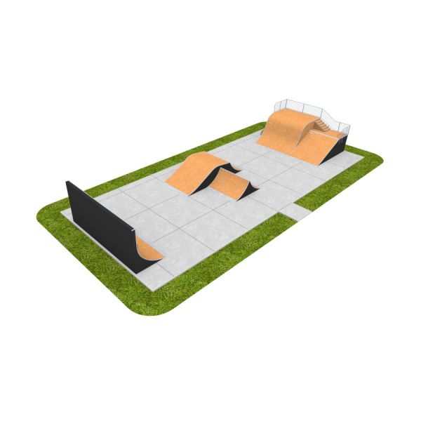 Moderner Skate Park 14 mit Rampen und Rail für Skateboarding und Freestyle-Sportarten.