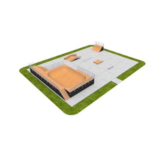 Moderner Skate Park 15 mit Rampen und Schienen auf künstlichem Untergrund.