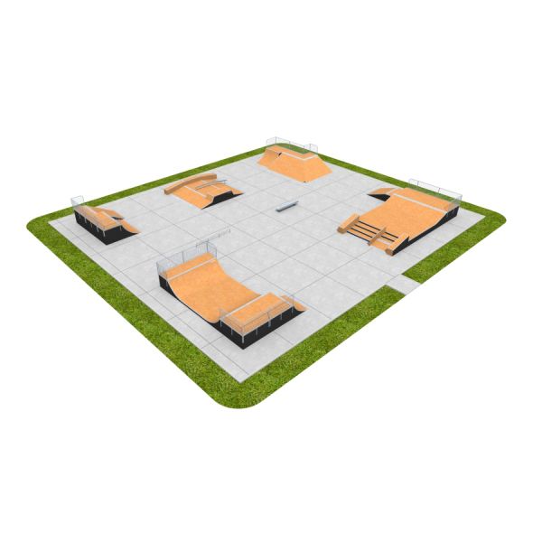 Skatepark mit verschiedenen Rampen und Hindernissen auf gepflastertem Untergrund, umgeben von Gras.