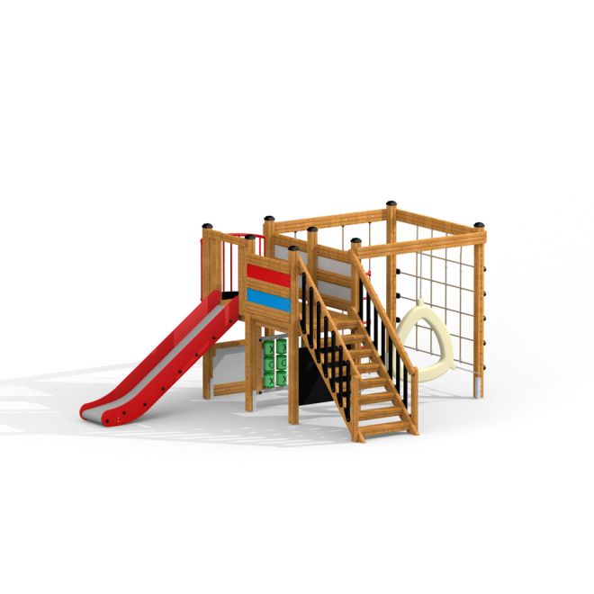 Kinder-Spielhaus Kiosk mit Lehrtafeln, Rutsche und Kletterelementen.