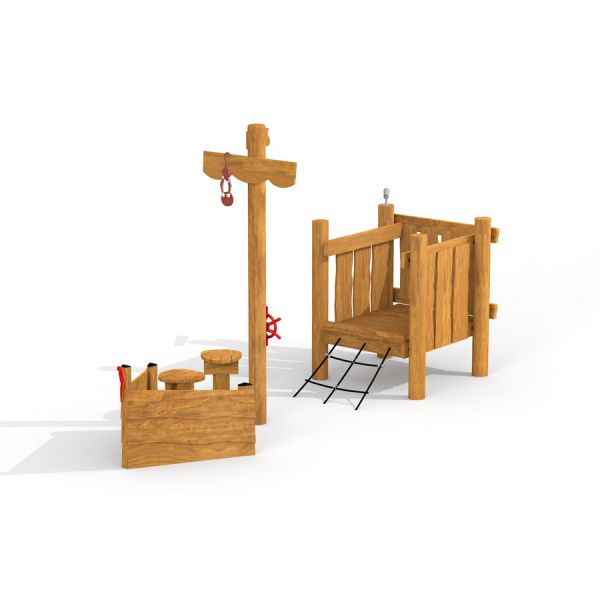 Holzspielplatz Kleines Schiff Nature mit Rutsche, Kletterwand und Steuerrad.