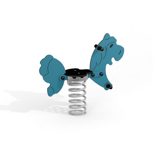 Blau-türkise Pony II Federwippe auf weißem Hintergrund.
