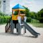 Kinder-Spielplatzgerät Elefant-Rutsche mit Rutschbahn und Kletterturm auf Sandboden.