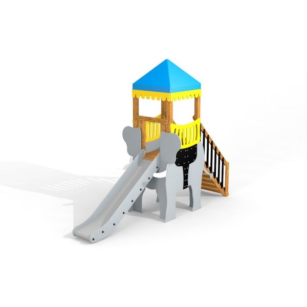 Kinder-Rutsche Elefant-Rutsche mit Holzgestell und blauem Dach für Spielplätze.