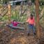 Kinder spielen auf einer Nestschaukel Robinie im Herbstpark.