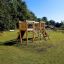 Alstad Spielkombination mit Rutsche Eco aus Holz auf grünem Spielplatz bei Sonnenschein.