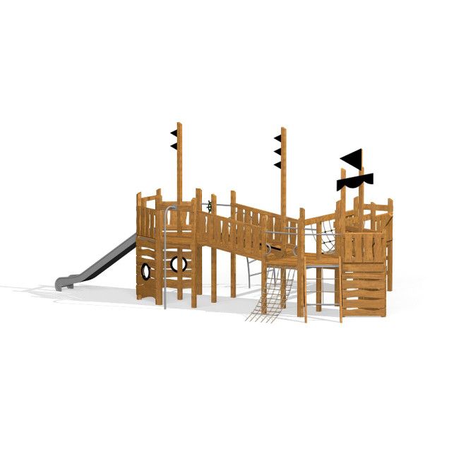 Holzspielplatz Großes Schiff Uvala mit Rutsche und Kletterseilen für Kinder.